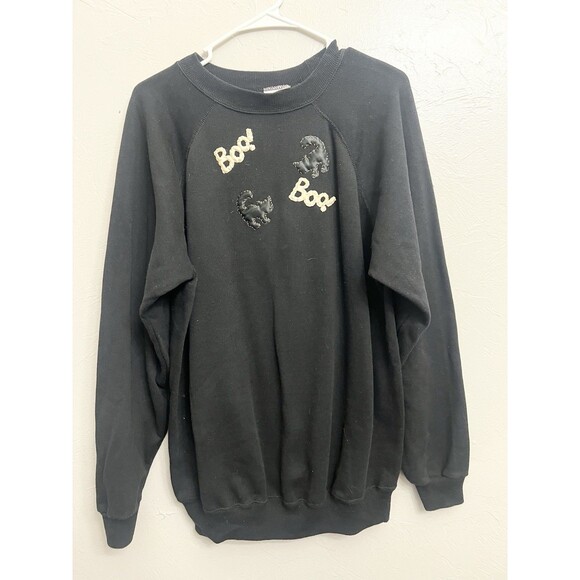 Vintage 1990s Size XL Halloween Boo Black Cat Sweatshirt USA 50/50 Hanes Mint - Picture 1 of 6